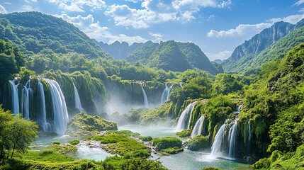 An exotic landscape with lush mountains, sparkling waterfalls, and a blue sky, offering an inspiring, refreshing travel backdrop.