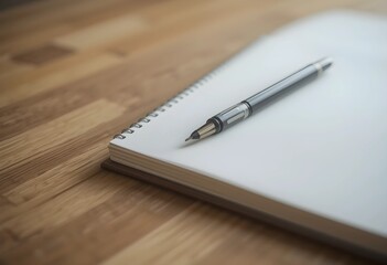 A pen on a closed notebook on a wooden table. Soft lighting enhances the setup, with natural wood grain adding warmth. A simple, organized composition representing writing, focus, and productivity.