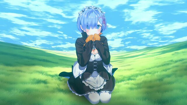 Cute anime girl sitting on the background of the field, anime wallpaper