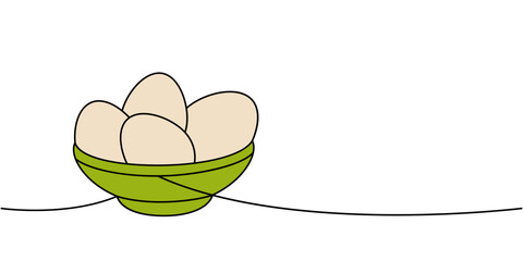 Raw eggs in bowl one line colored continuous drawing. Organic farm product. Vector illustration
