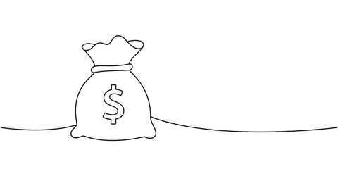 Bag with a dollar sign one line continuous drawing. Money investment and online payment service. Vector illustration.