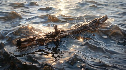 Sunlit Driftwood on Tranquil Waters: A Serene Sunset Scene