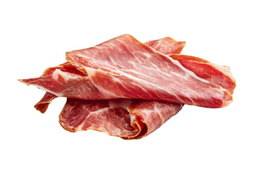 Piece of ham is sliced and placed on a white background, isolated