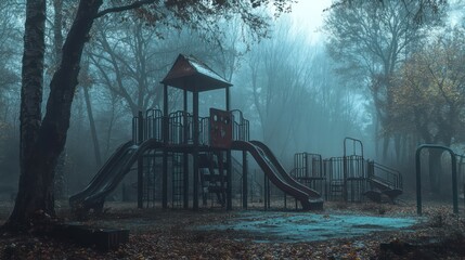 Foggy autumn playground, deserted park, misty trees, eerie atmosphere, Halloween backdrop
