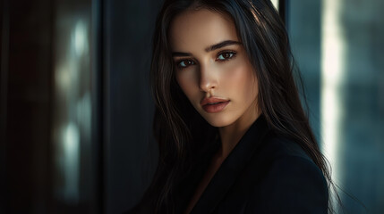 Fototapeta premium Portrait of a beautiful brunette woman in a black suit, with brown eyes and long hair, generative AI