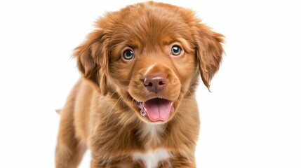 Funny head shot of cute red Cobber dog puppy, standing facing front. Looking curious towards camera. Isolated on white background. Tongue out.