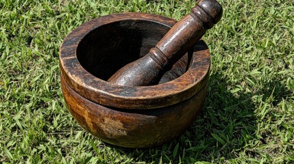 Wooden mortar and pestle on grassy field