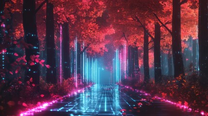 Obraz premium Neon path, glowing autumn forest, digital art, fantasy background, game asset