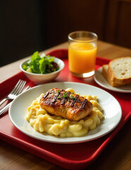 A plate of chicken cutlet with mashed potatoes and a glass of orange juice, gourmet food close-up