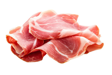 Piece of ham is sliced and placed on a white background, isolated