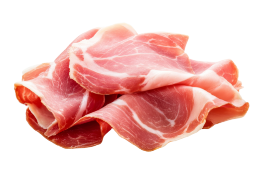 Piece of ham is sliced and placed on a white background, isolated