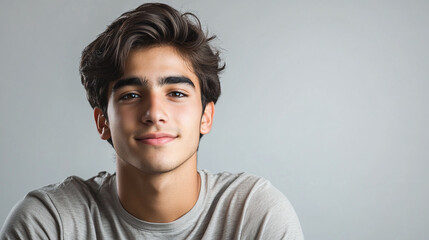 Obraz premium Portrait of a young man in a casual t-shirt, fresh-faced, relaxed expression, soft light, isolated background for stock image.