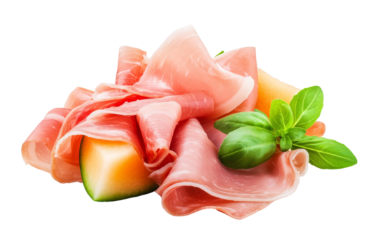 Piece of ham is on top of a slice of watermelon, isolated