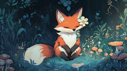 Serene Fox in a Moonlit Forest: Digital Painting of a Peaceful Night Scene AI Generated