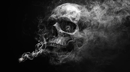 A skull shrouded in smoke with a cigarette in mouth