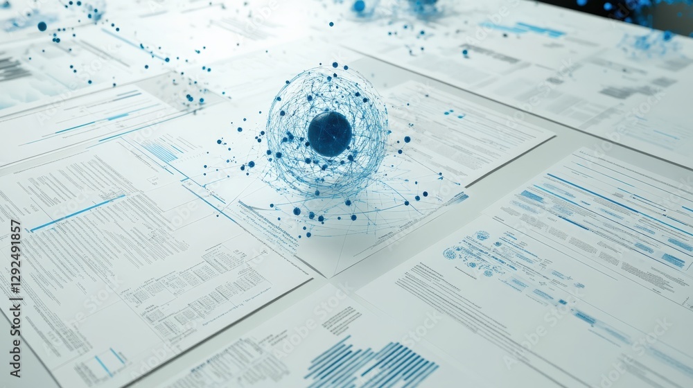 Poster abstract representation of data analysis with floating blue particles over documents on a table