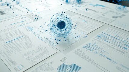 Abstract representation of data analysis with floating blue particles over documents on a table