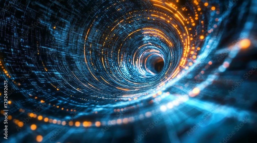 Poster abstract digital tunnel with blue and orange glowing lines and dots flowing into perspective