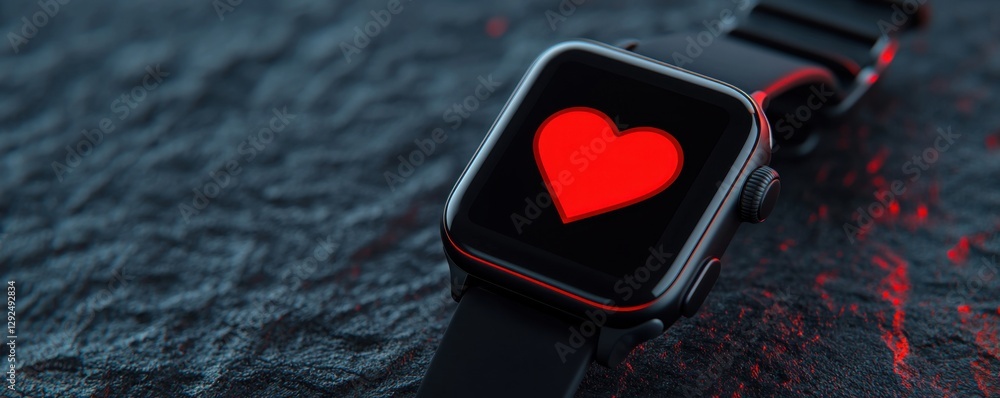 Poster smartwatch displaying heart symbol on a textured surface, representing health tracking technology.