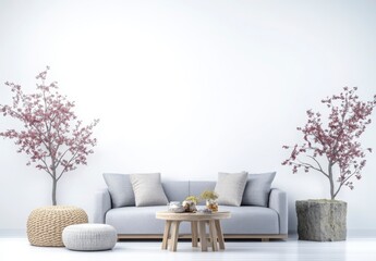 Modern living room design with floral accents and minimalist decor