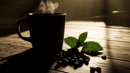Steaming Coffee Cup with Coffee Beans