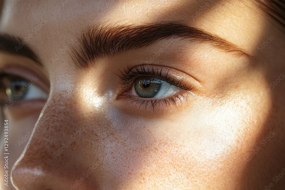 Poster Close up view of a womans face showing contrasting skin textures and line patterns for medical comparison purposes. Generative AI