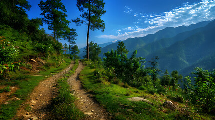 Obraz premium Enthralling Hiking Trail Towards Alpine Peaks Under a Clear Blue Sky: An Adventure Awaits