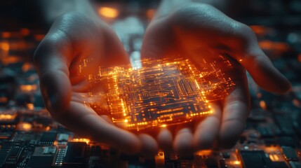 Glowing CPU held in hands; circuit board background; tech innovation