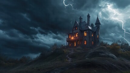 Stormy night, haunted hilltop mansion, lightning, Halloween