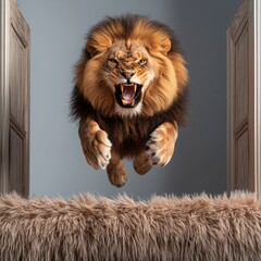 Fototapeta premium Fierce Lion Roaring with Intensity in a Dramatic Room Setting