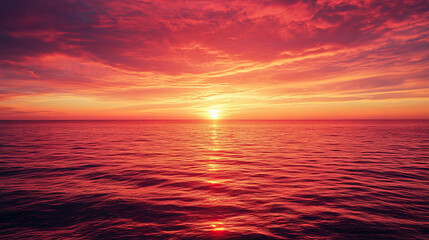 Fototapeta premium Sea sunset. Tropical landscape with ocean, sky and clouds in red light of evening sun. Vector cartoon summer seascape with orange reflection in water and coastline silhouette on horizon