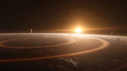 Celestial event sunrise over ringed planet space digital art cosmic viewpoint
