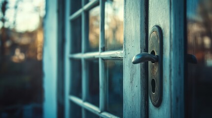 Rustic door handle, vintage wood door, autumn garden background, home entrance