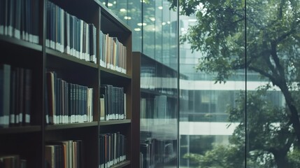 Obraz premium Bookshelf, library, city view, green trees, knowledge, research