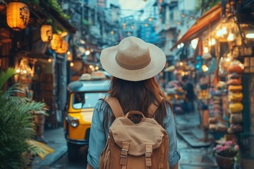 Traveling Woman Backpacker in Bustling Bangkok Market with Wide-Brimmed Hat