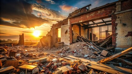 Golden Hour Ruins A Sunset Illuminates the Remnants of a Destroyed Structure