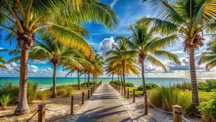 Fototapeta premium Tropical path to the beach lined with palm trees in Key West, Florida, beach, tropical, palm trees, Key West, Florida