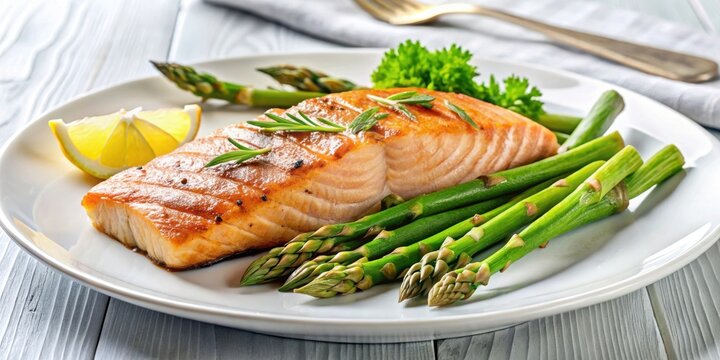 Fresh asparagus spears with grilled salmon fillet on a white plate, asparagus, salmon, grilled, fillet, green, vegetable, dinner