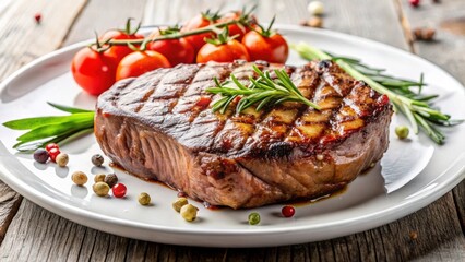 Juicy and succulent grilled beef steak meat served on a white plate ,  grilled, beef, steak, meat, juicy, succulent, cooked