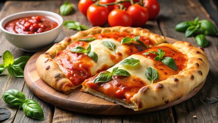 Close-up of a delicious closed calzone pizza with melted cheese, tomato sauce, and various toppings ,  food