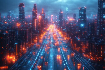 Fototapeta premium Futuristic Cityscape with Neon Lights and Transparent Skyscrapers in a High-Tech Urban Landscape