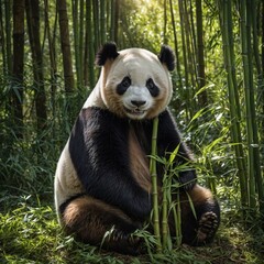 Obraz premium A fluffy panda sitting in a lush bamboo forest, surrounded by tall green stalks, with soft sunlight filtering through the leaves. A giant panda munching on bamboo in a serene bamboo forest.