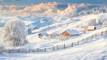 Snow covered wooden cabins nestled among frost laden trees