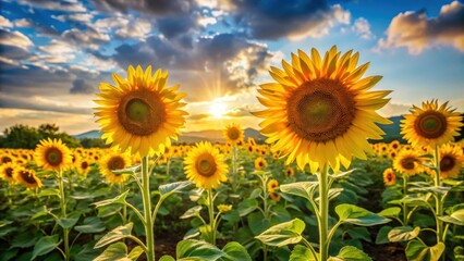 Obraz premium Vibrant sunflowers standing tall in a sunlit field, flowers, yellow, petals, farming, agriculture, nature, rural, landscape