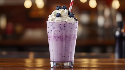 Blueberry Milkshake with Whipped Cream and a Straw