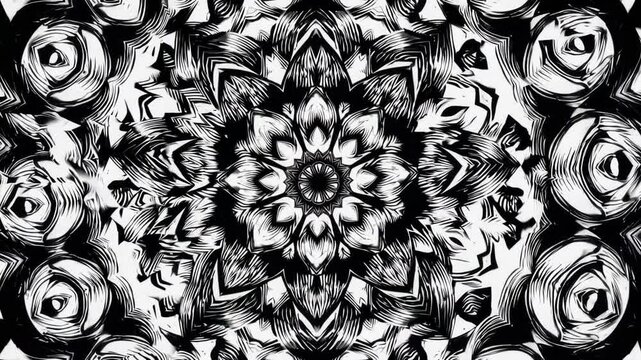 Intricate black and white mandala pattern with floral details, symmetrical design. Artistic meditation and mindfulness concept