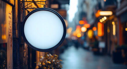 8レンガ壁に掛けられた丸型空白看板　Gererated AI