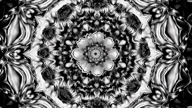Intricate black and white kaleidoscopic pattern with floral elements, symmetrical design. Abstract art and geometric concept