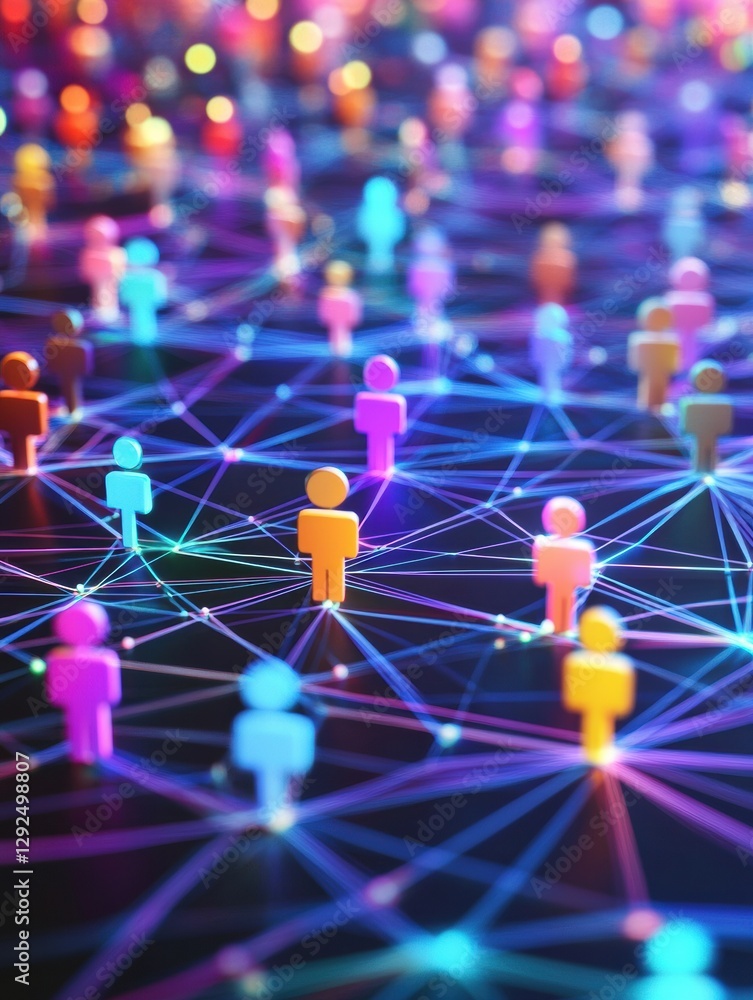 Poster vibrant social media network visualized with colorful 3d avatars connected by glowing energy lines. 