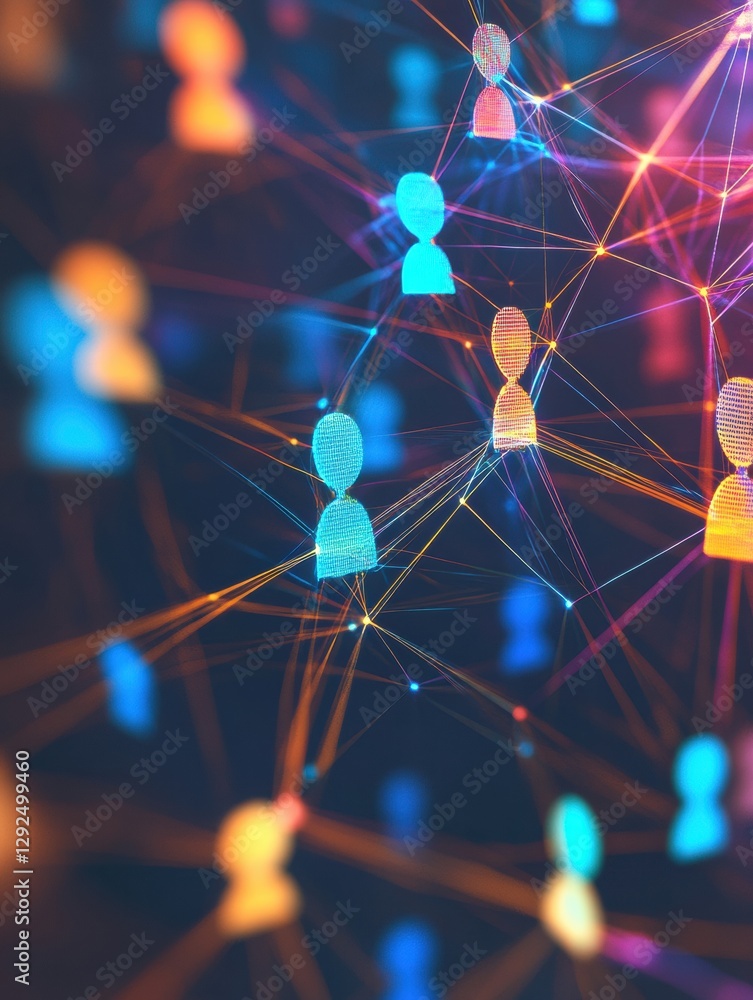 Poster Colorful 3D avatars connected through glowing lines create an engaging digital social media network for interaction. Generative AI